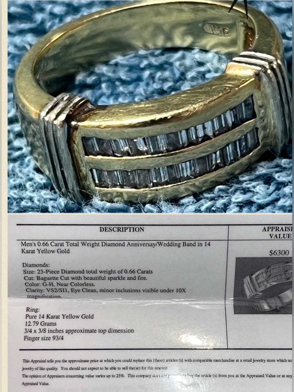 Men's 0.66 CTW Baguette Diamond Band 14K Yellow Gold Ring – Size 9.75 (12.79g)